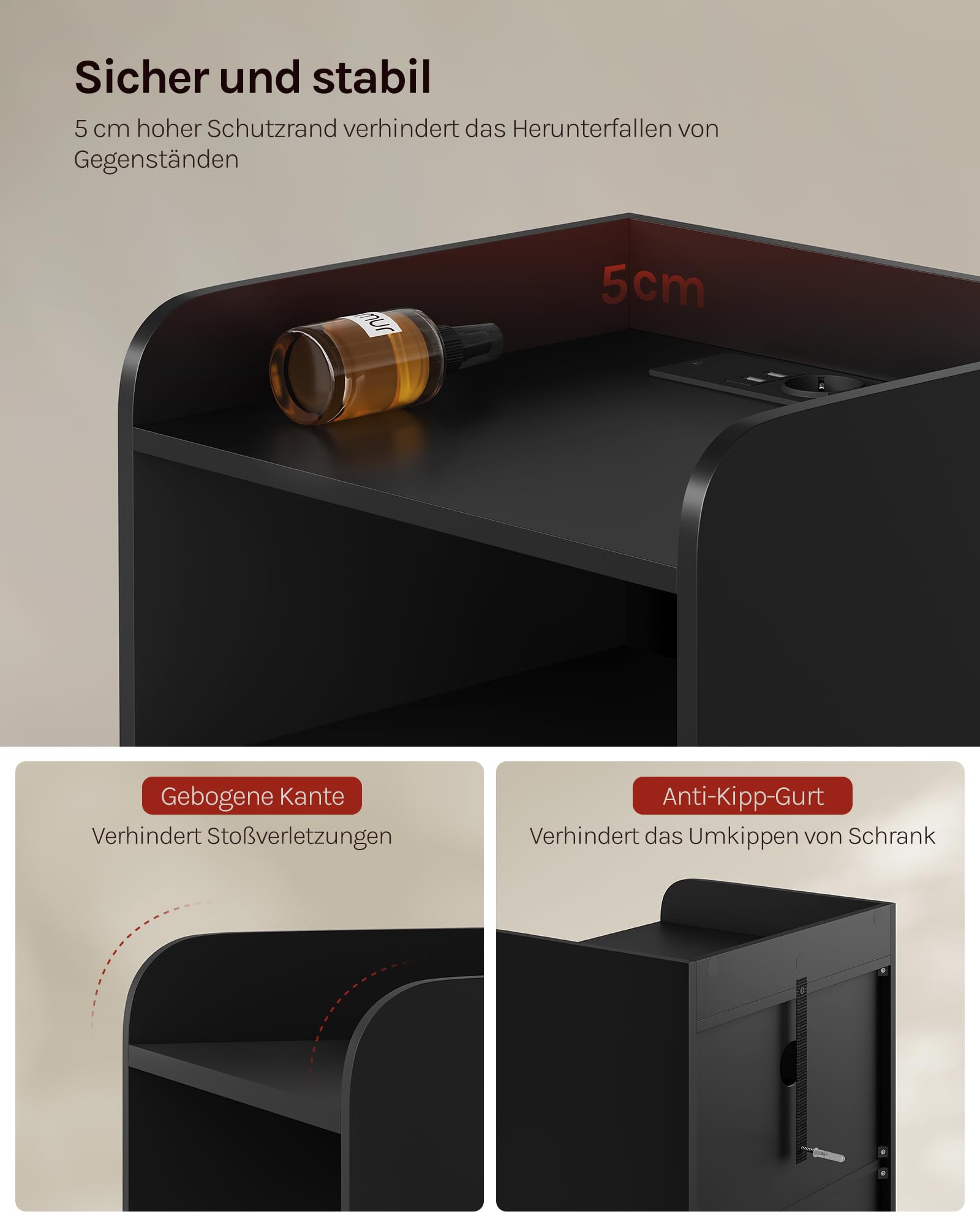 WOLTU Nachttisch 2er Set, mit Steckdose, Nachtschrank mit LED-Beleuchtung, schwarz, 2 Schubladen und 1 offenem Fach, 40 x 35 x 64 cm, geeignet für Schlafzimmer, Wohnzimmer, moderner Stil, NTS07sz-2 9