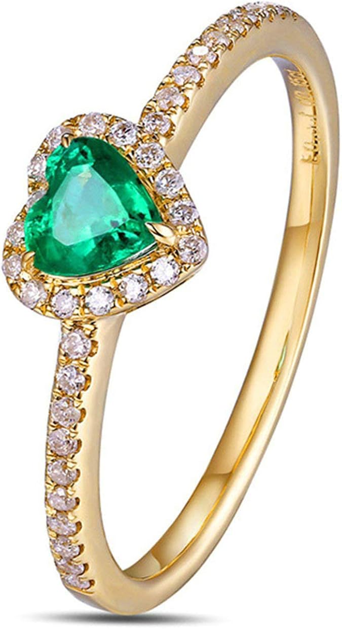 Bishilin Women Ring 18K Gold Engagement Ring Heart Shape Antique Ring Green Heart Shape Emerald
