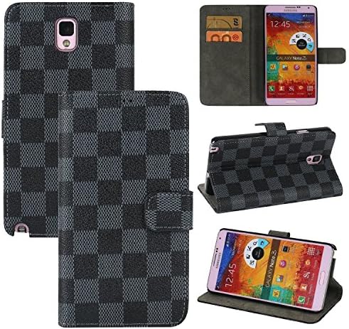 Samsung Galaxy Note 3 Case, Safodo Premium PU Leather Wallet Case Flip Cover [Kickstand Feature] [Grid Pattern] for Samsung Galaxy Note 3, [Gray/Black]