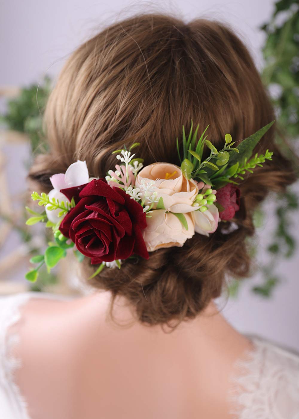 Anglacesmade Bridal Flower Hair Comb Burgundy Flower Cream Bud Wedding Wreath Bush Headpiece for Rustic Wedding Photo Shoot Prom Party Festival