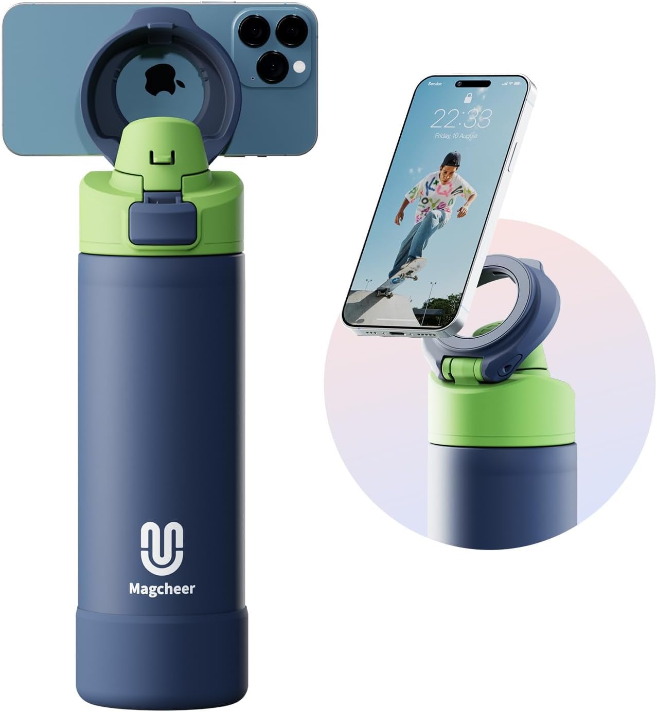 magcheer 750ml Magnetic Water Bottle with Phone Holder Compatible with MagSafe Insulated Gym Cold Drink Bottle for 24 Hours Tripod Bottle for Travel & Fitness Selfie(Dark Blue)