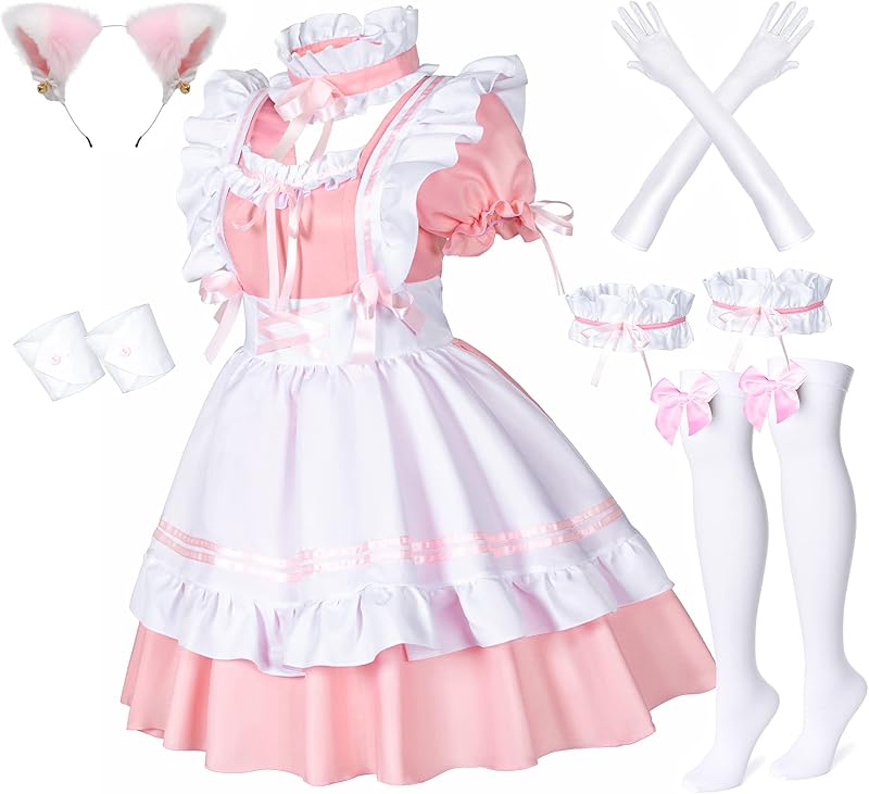 Wannsee Anime French Maid Apron Lolita Costume Pink L