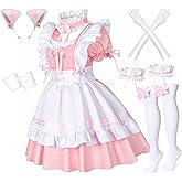 Anime French Maid Apron Lolita Fancy Dress Cosplay Costume Furry Cat Ear Gloves Socks Set(Pink L)