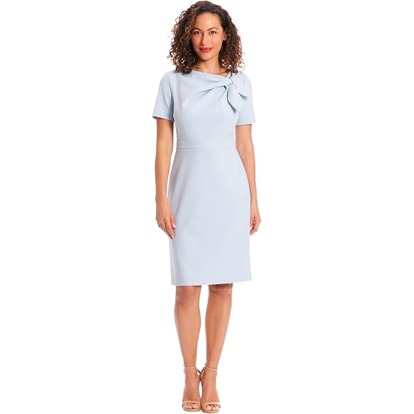 london times women's short-sleeve knit sheath dress London Times - Short Sleeve Round Neck Sheath Dress with Tie Waist - Professional Work Dresses