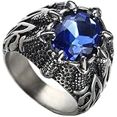 HIJONES Mens Stainless Steel Vintage Gothic Biker Black Plated Dragon Claw Big Stone Rings Inlay