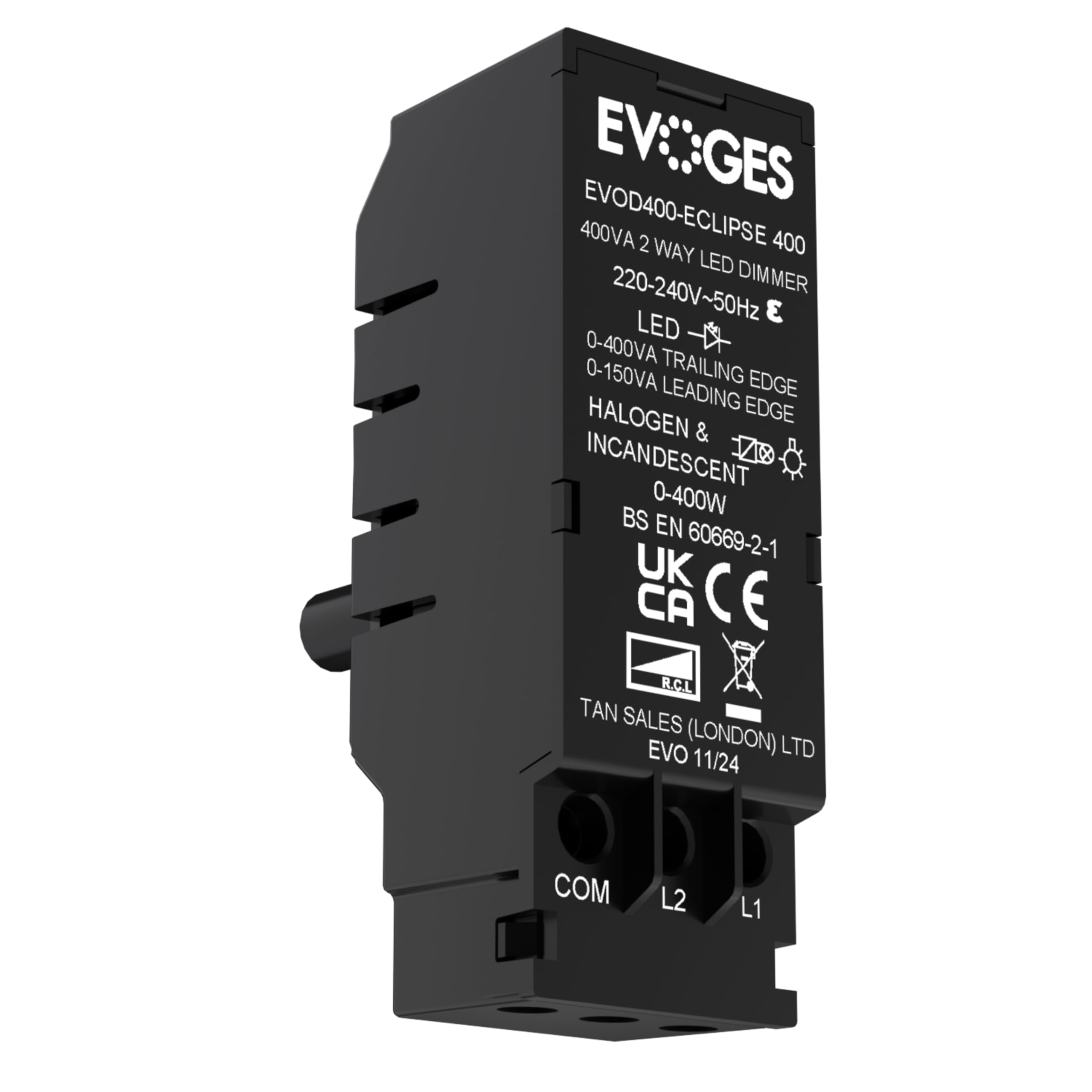 Evoges EVOD400 400VA 2 Way Push On Push Off Replacement LED Dimmer Module Switch (150VA Leading Edge & 400VA Trailing Edge Dimmer)