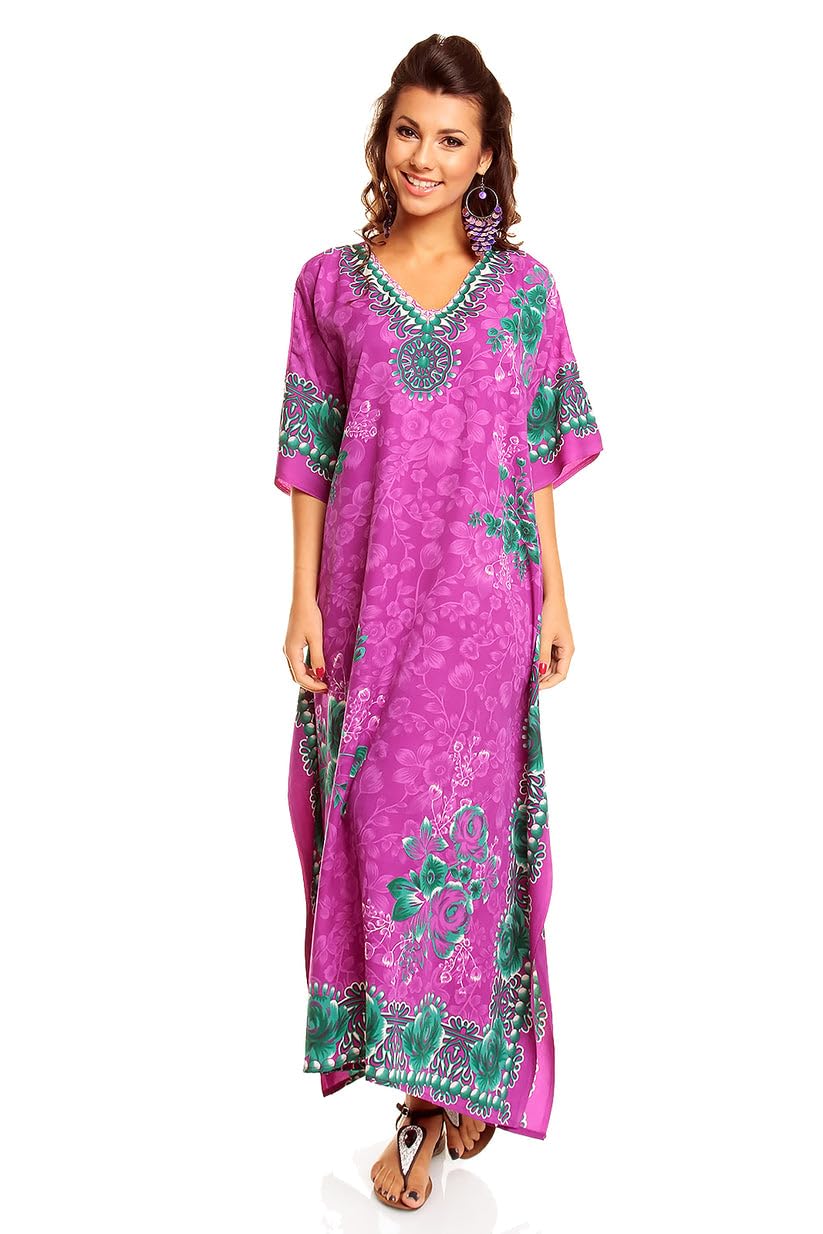 New Ladies Plus Size Maxi Tribal Ethnic Print Tunic Kaftan Evening Party, Purple, Size 24-28