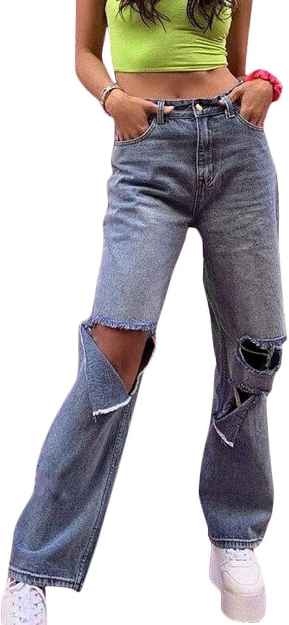 Rolanko Jean Fille Bootcut Déchiré - Taille Élastique, Denim Souple, Imprimé Papillon - 100% Coton