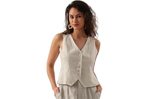 Amazhiyu Womens Pure Linen Sleeveless Button Down Crop Top V Neck Waistcoat Vest