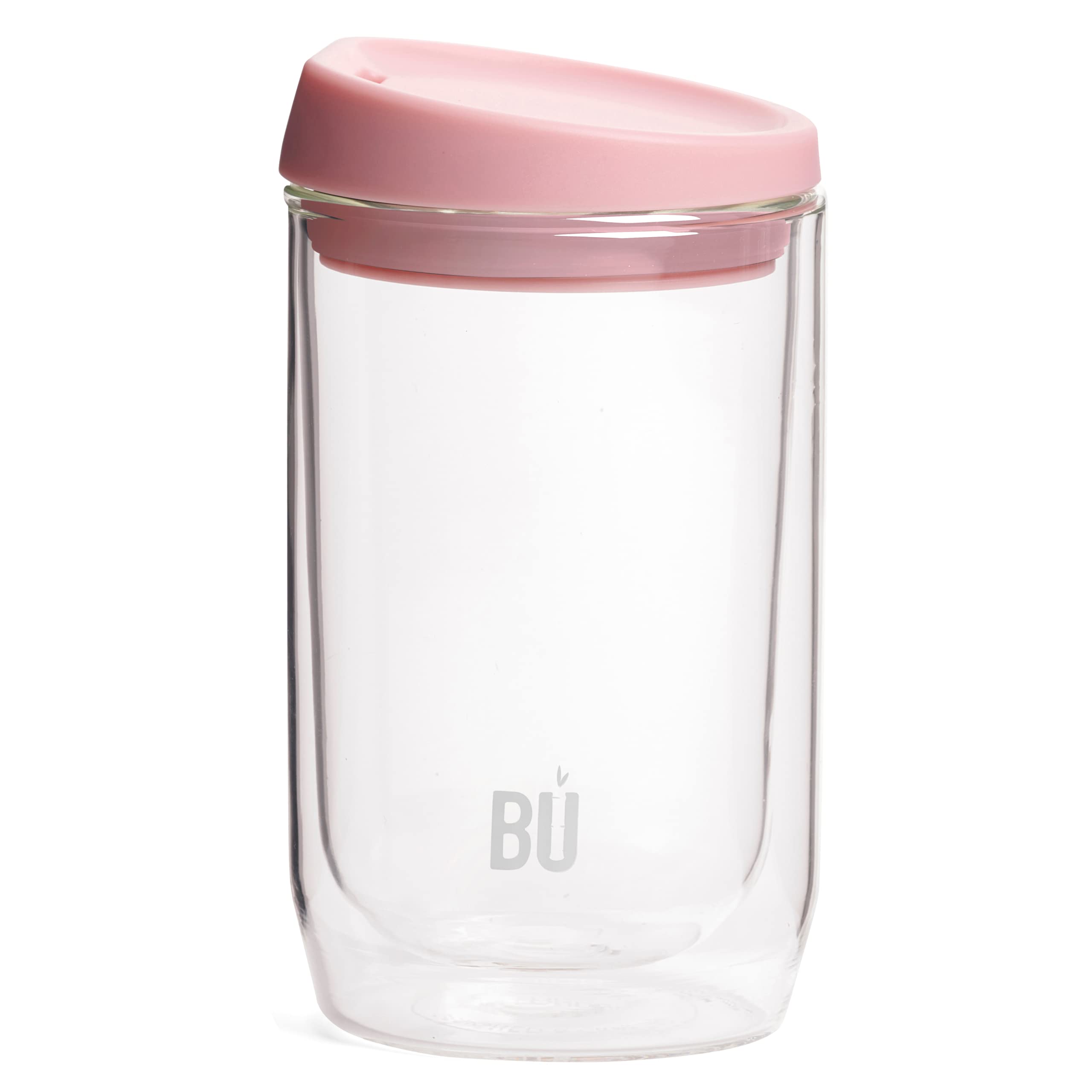 BU Products Reusable Double Walled Glass Coffee Cup | Travel Mug | Splash Proof Antibacterial Lid | BPA Free | Cappuccino Latte Flat White Glass Mugs | Vacuum Insulated | 12oz/340ml Pink