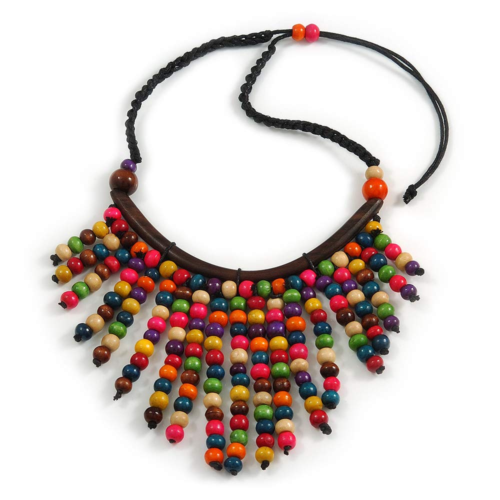 Avalaya Statement Multicoloured Wooden Bead Fringe Black Cotton Cord Necklace - Adjustable