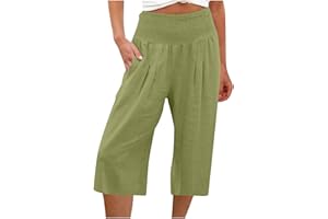 MaMiDay High Waisted Capri Pants for Women Linen Trendy Wide Leg Summer Capris Loose Comfy Casual Palazzo Pants with Pockets