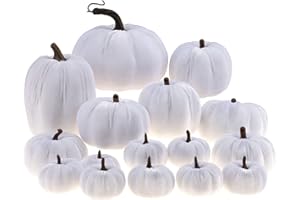 ZningEsxi Assorted Size Velvet Pumpkins Set Artificial Fabric 16Pcs Foam Fake Handmade Autumn Halloween Decorative for Farmhouse Kitchen Wedding(White)