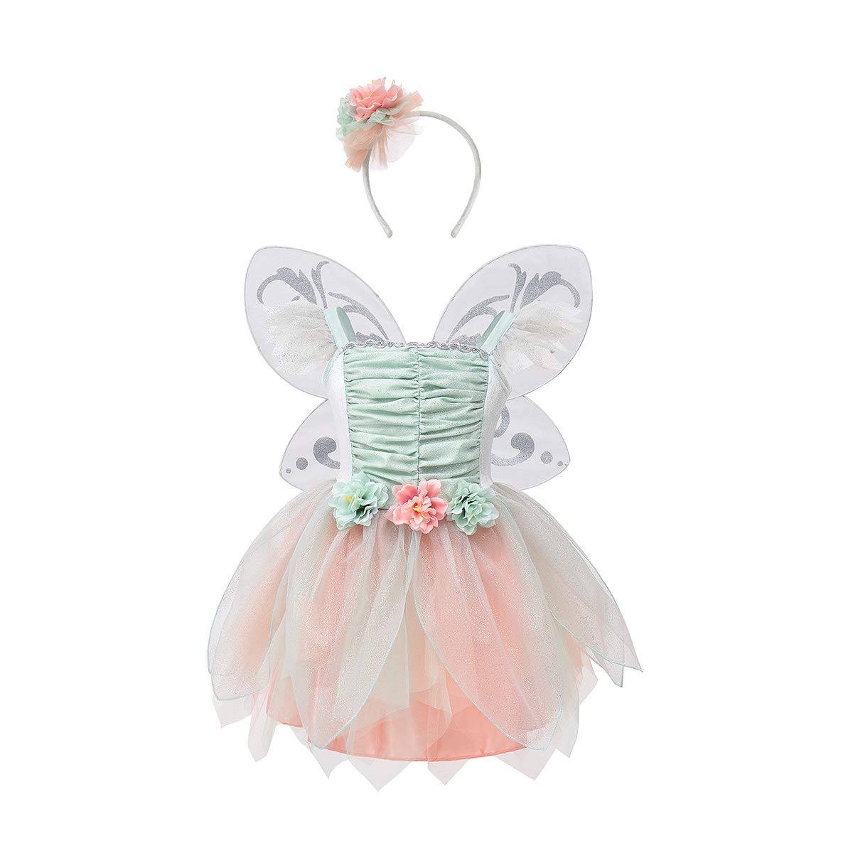 Photo 1 of DJDLPARTY Fairy Costume Dress for Girls, Green Princess Flower Girl Dress, Tutu Dress with Headband and Wings (4 Years)