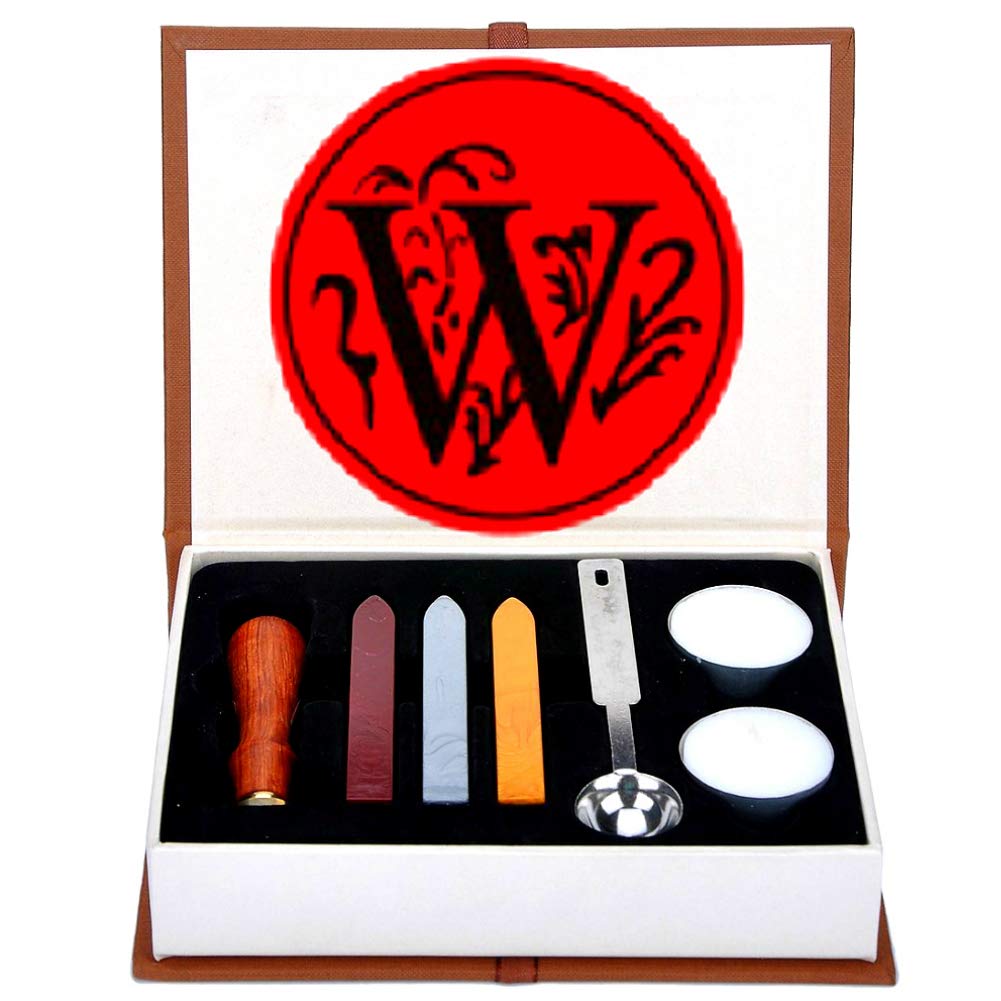 Letter W Wax Seal Stamp Set, ANBOSE Alphabet W Letters Wax Sealing Stamp Kit Including 1Pcs Wooden Handle Copper Seal, 3Pcs Wax Seal Sticks, 1Pcs Melting Spoon and 2Pcs White Candles (Letter-W)