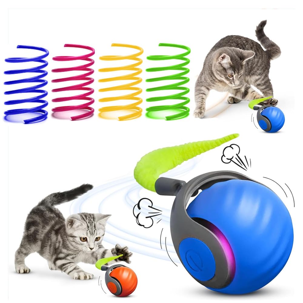 Photo 1 of 5PCS Interactive Cat Toy Automatic Moving Smart Toy Ball with Replacement Tail for Indoor Bored Cats/Dogs, Sensor Teasing Ball Self-Rolling Pet Chase, Speedy Cat Toys for Pets Exercise (Blue)
