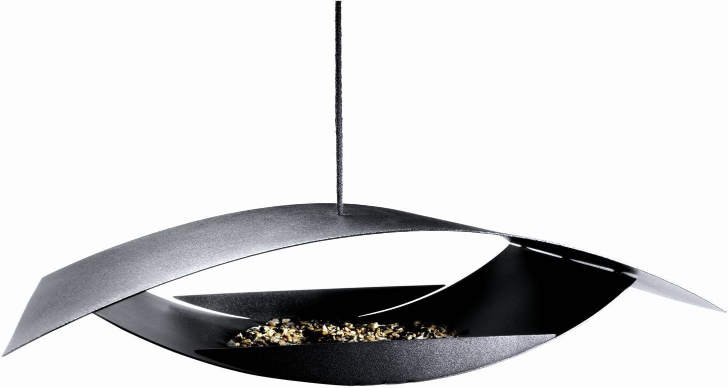 MODERN Hanging BIRD FEEDER and BIRD HAUSE for SMALL BIRDS by DANISH DESIGNER Black Powder Coated Steel - Modern Art for Your Garden - EASY FILL- EASY HANG - CORROSION & SQUIRREL PROOF - Mixed Seed / Sunflower Heart Feeder