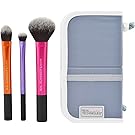Real Techniques Cruelty Free Travel Essentials Set With Ultra Plush Custom Cut Synthetic Bristles, Includes: Essential Foundation, Multi Task and Domed Shadow Brushes