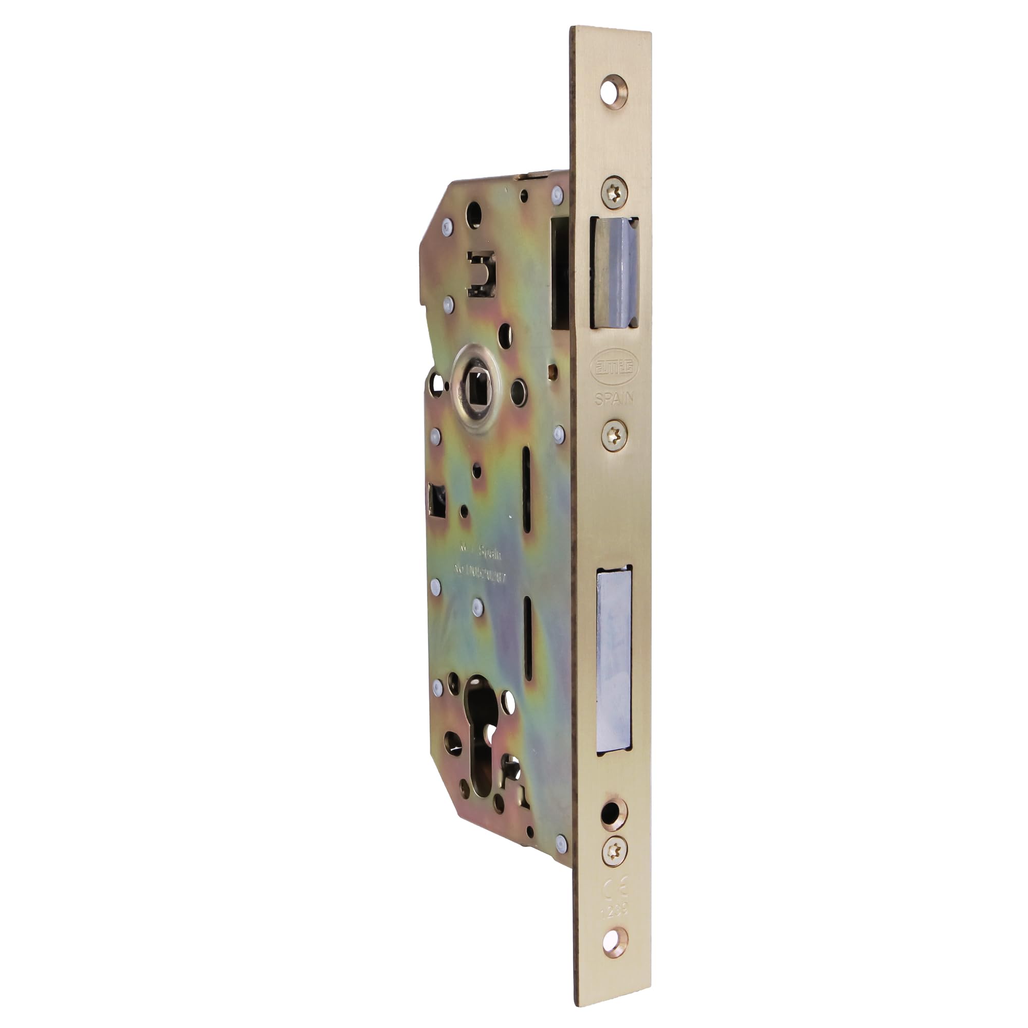 Amig - Mortise Lock for Wooden Doors - with Locking Palette - Square Edge Front and Bracket - 50mm Entry - Reversible Lever - Steel - Gold - 240mm
