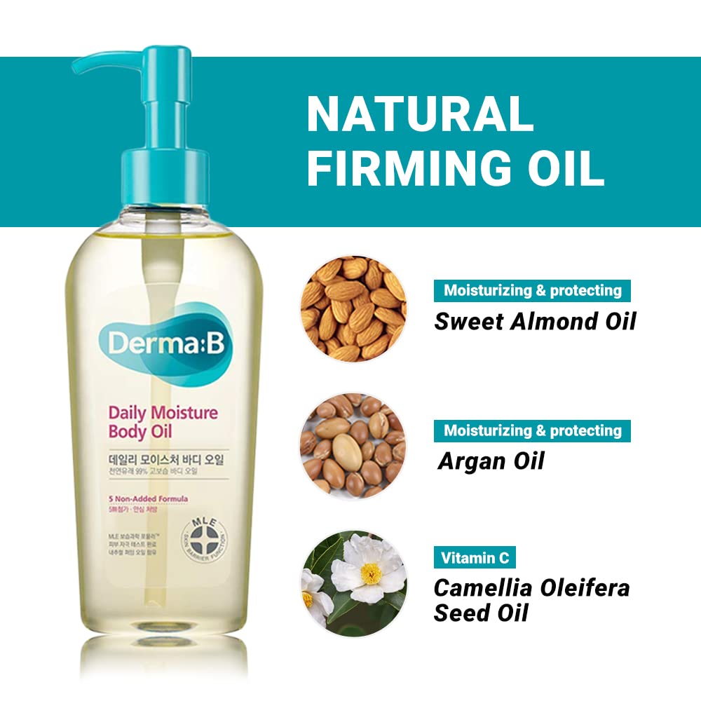 Derma B Daily Moisture Body Oil | 99% Natural Argan & Sweet Almond Oil | Shower Oil for Dry Sensitive Skin | Light & Long-Lasting Hydration | Skin Body Care Oil with Peach Scent | 6.78 fl oz (200ml)