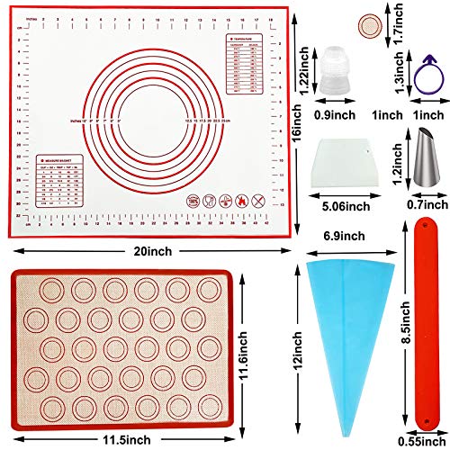 Teqifu Silicone Baking Mats Set, Non Stick Food Grade Macaron Baking Mats Pastry Mat with Measurement for Rolling Dough, Cookies, Bread, Pizza, 12-Pack Piping Tip & 2-Pack Reusable Piping Bag Included