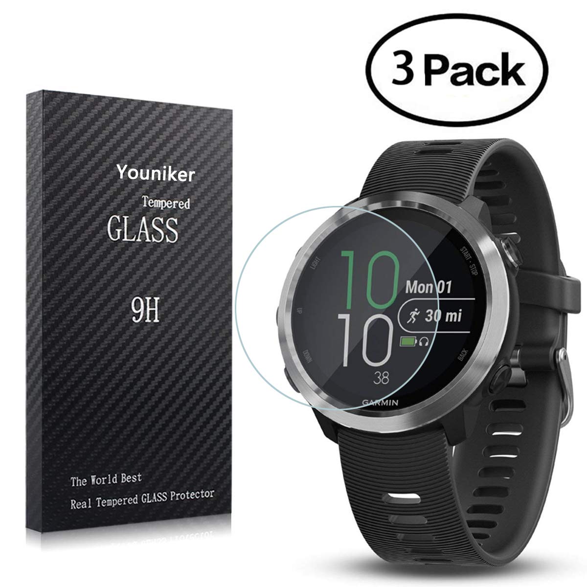 Youniker 3 Pack for Garmin Forerunner 645 Screen Protector Tempered Glass For Garmin Forerunner 645 Music Screen Protector Foils Glass 9H 0.3MM Anti-Scratch Anti-Fingerprint Bubble Free