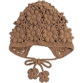 KABAKE Toddler Girl Beanie Handmade Hollow Crochet Flower Earflap Knit Hats Baby Bonnets with Strap