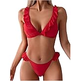 SweatyRocks Women's 2 Piece Swimsuits Ruffle Trim Spaghetti Straps Triangle Bikini Set