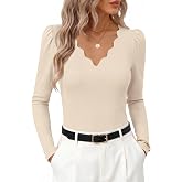 MEROKEETY Women's Fall Puff Long Sleeve Business Casual Work Tops | Scalloped V Neck, Work T-Shirt, Cute, Trendy, Dressy Casual, Ribbed Knit, Fitted Blouse, 2026 Fall Winter Clothes
