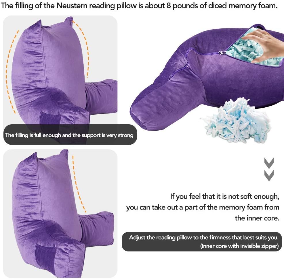 Neustern Reading Pillow with Arms, Premium Shredded Memory Foam TV Backrest with Washable Cover (22 inches, Noble Purple): Kitchen & Dining