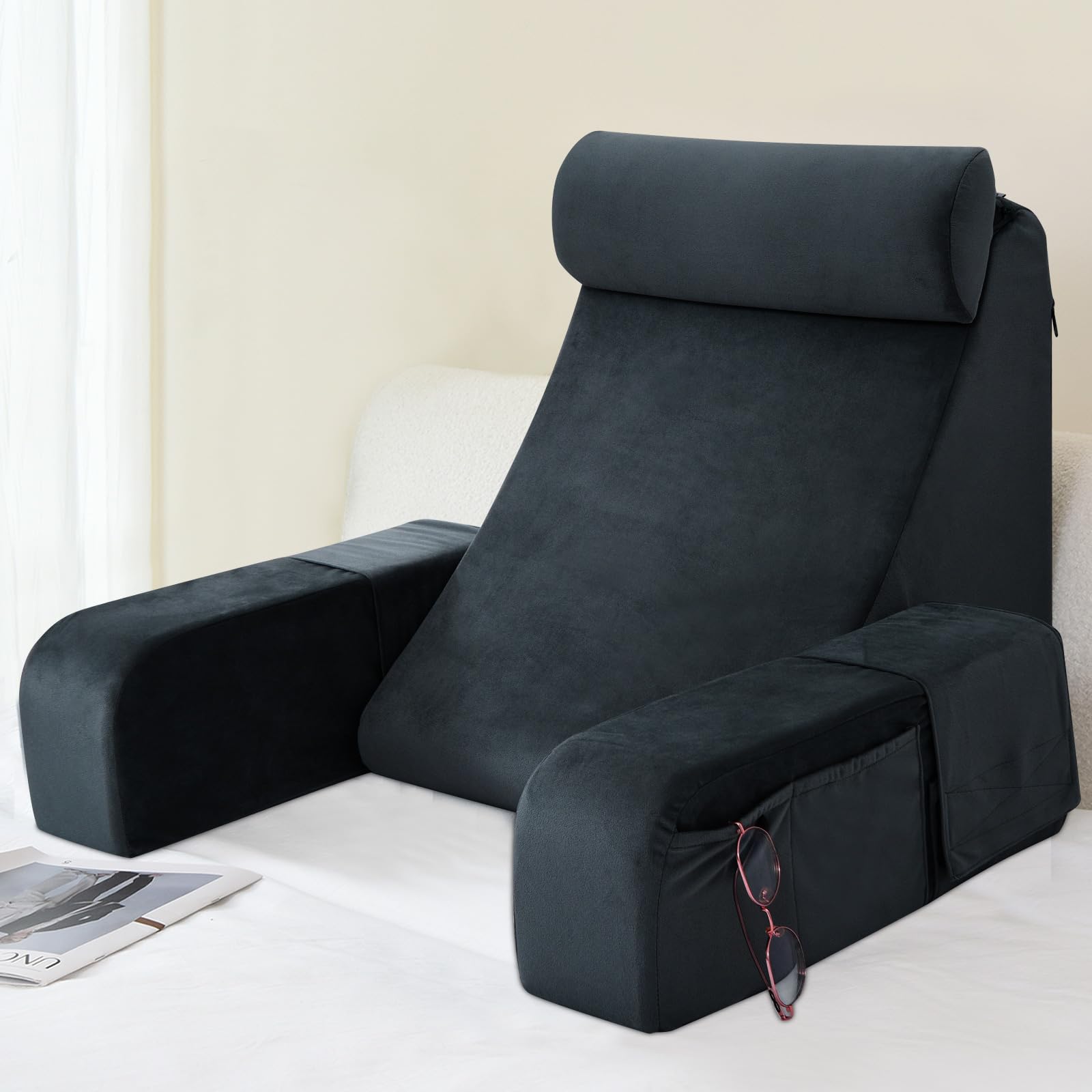 Photo 1 of ENITYA Back Pillow for Bed Sitting up, 19" Reading Pillow for Sitting in Bed Adult, Back Support Pillow with Arms for Watching TV/Reading/Gaming/Resting, Medium(Black)