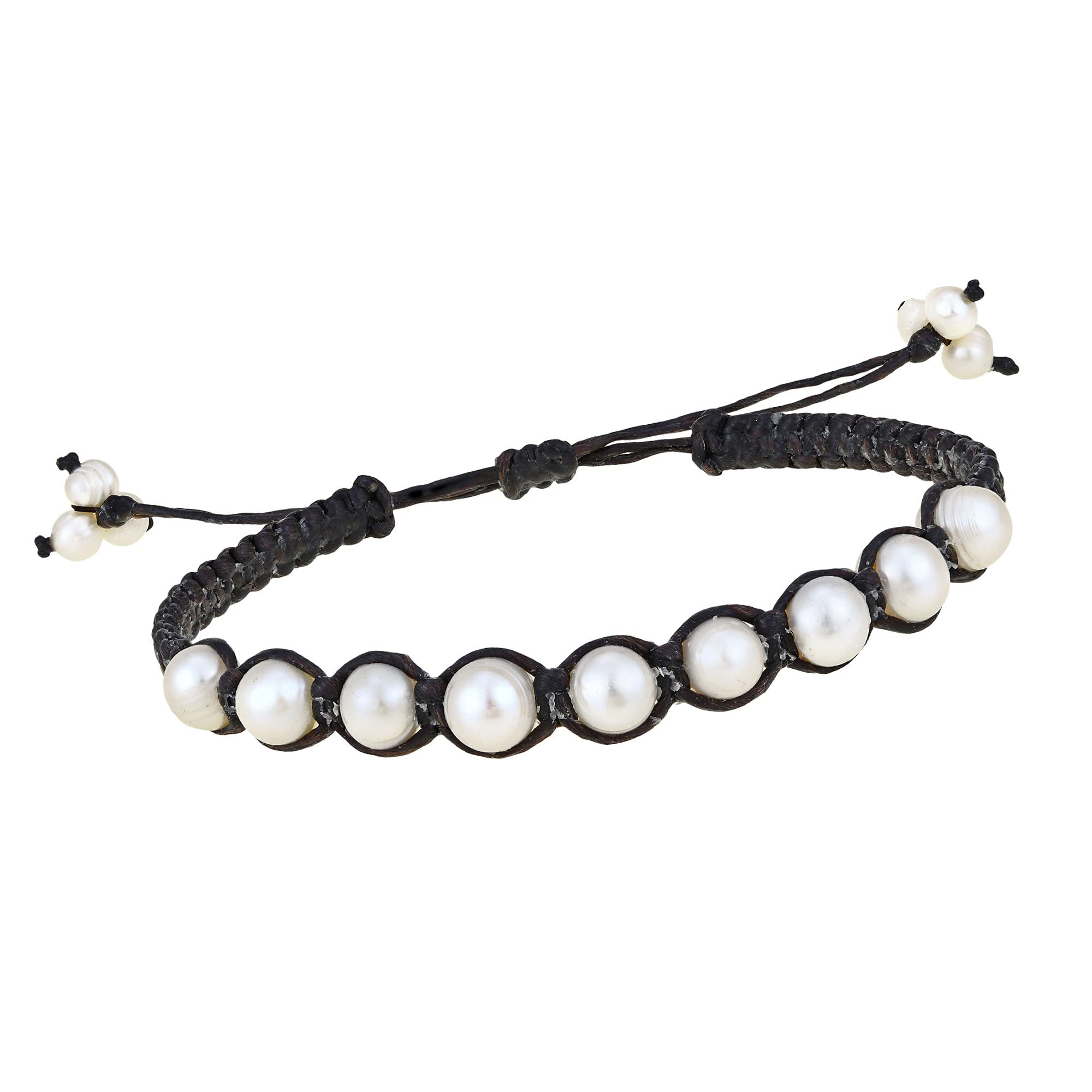 AeraVida Pearly White Oval Cultured Freshwater Pearls Cotton Bracelet