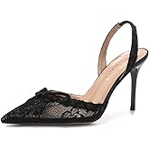 AZAGNEEM Women's Lace Bow Slingback Stiletto Sandals Sexy Closed Pointed Toe Mesh Slip On High Heels Backless Pumps for Wedding Party Date Evening Dress Shoes
