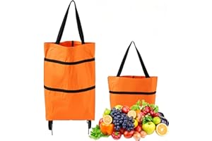 CCHONGCC 2 in 1 Foldable Shopping Cart with Wheels for Groceries, 25kg Grocery Cart on Wheels Collapsible Shopping Carts for Groceries Waterproof Oxford Travel Bag Reusable (Orange)