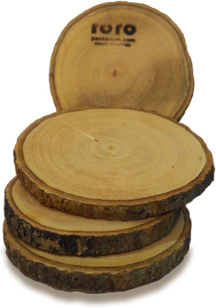 RoRo Coaster Set made from Wood Branch Slice with bark, 4 piece