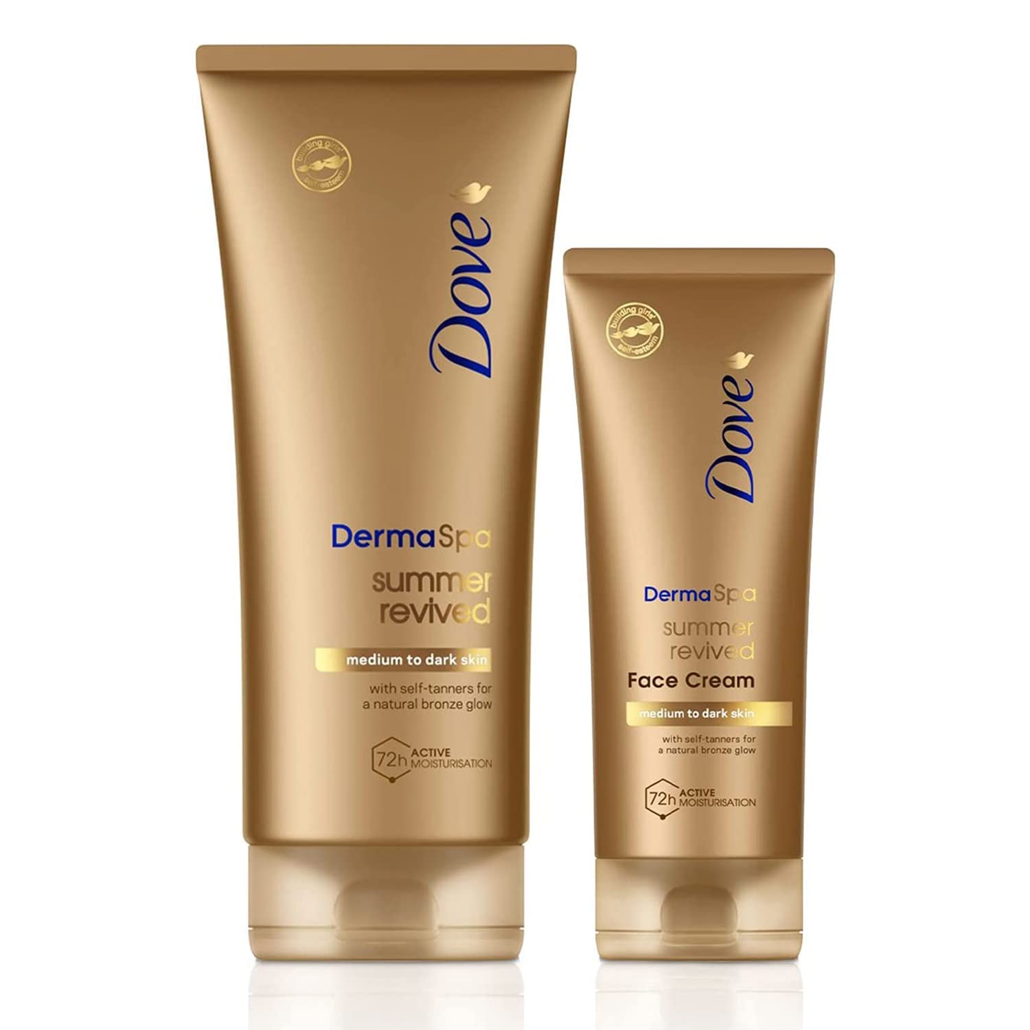 Dove Unilever DermaSpa Body Lotion Summer Revived Self-Tanning Medium to Dark, 200ml with Dove Derma Spa Face Cream Summer Revived Medium to Dark, 75ml, 2 Piece Set