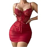 OYOANGLE Corset Bodycon Sheer Underwire Floral Lace Up Mesh Babydoll Lingerie Set Dress with Thong