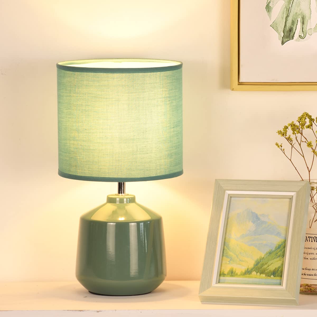 Photo 1 of Lampwell Lena Small Modern Ceramic Green Table Lamp, 7.09H12.99IN, Bulb Excluded, Perfect for Living Room or Bedroom
