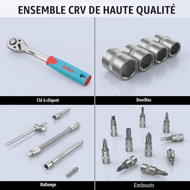 Coffret Cliquet 46 Pièces, Malette Outils avec 1/4", Douilles, Extensions, Bits, Acier Chrome-Vanadium, Coffret Douille Inclus