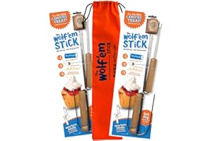 WOLF 'EM Wolf'em Marshmallow Roasting Stick - Multiple Cooking Attachments - Campfire Pie, S'More, and Hot Dog BBQ Roaster | Easy Spin Handles…