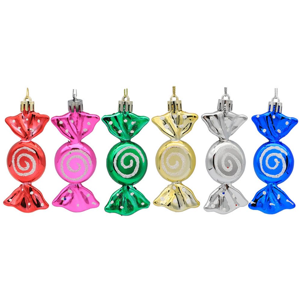 6 PCS Christmas Candy Ornaments - Glitter Cane Tree Hanging Baubles 10CM Mini Sweet Shaped, Colored