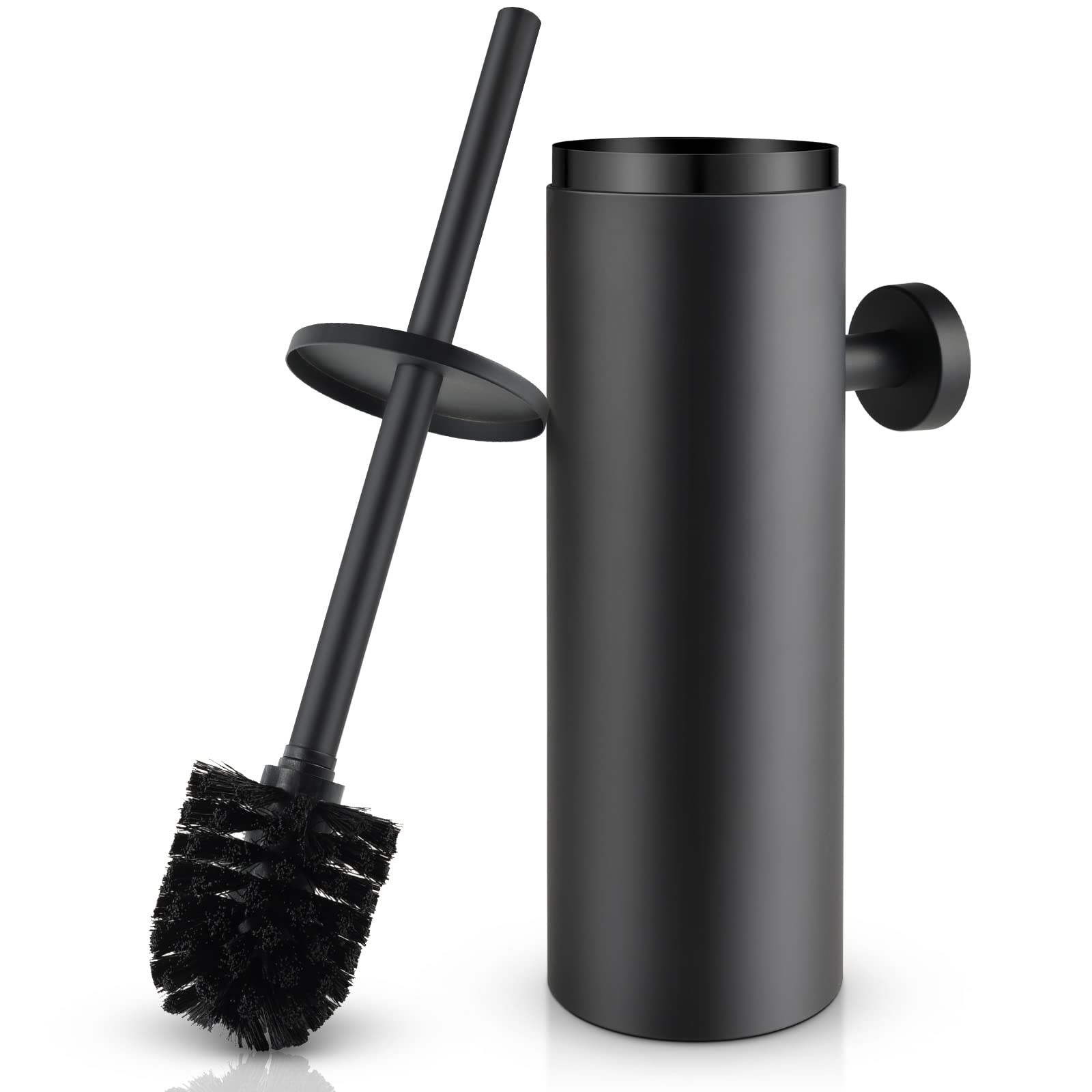 WAVEWO Toilet Brush Stainless Steel Wall Mounting, Toilet Brush with Closed Splash-proof Cover, Toilet Brush Set with Water Collection Container for Bathroom, L 8.8 x W 8.8 x H 39 cm, Matte Black