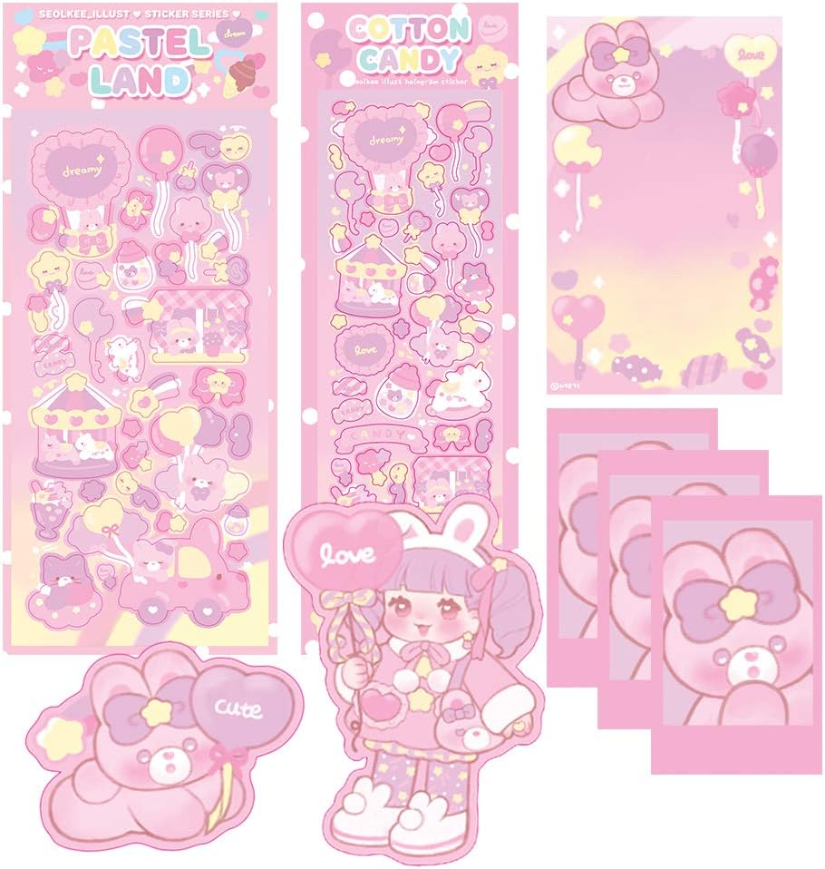 Amazon Seolkee 日本初上陸 ソルギー イラスト パステルランドパック コットンキャンディー ステッカー シール メモ帳 韓国 イラストレーター ピンク パープル フェアリー かわいい デザイン キャラクター 手帳 アルバム デコ 動物 うさぎ ハート