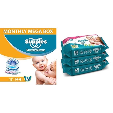 Supples Baby Diaper Pants, Monthly Mega-Box, Medium, 144 Count & Supples Baby Wet Wipes with Aloe Vera and Vitamin E - 72 Wipes/Pack, (Pack of 3)