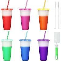 AUAUY Reusable Color Changing Cup, 6 Pack BPA Free Plastic Tumbler Set, 24oz Travel Iced Coffee Mug Tumbler with Straw Lid, S