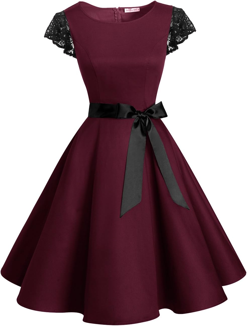 BeryLove Women's Vintage 50s Lace Sleeves Short Retro Rockabilly Swing Coaktail Party Dresses