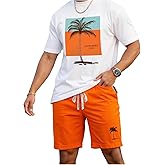VIPWOLF Men's Casual Outfits 2 Piece Set Short Sleeve Tropical Graphic Tees and Beach Shorts