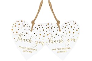 joycraft 100Pcs Thank You Gift Tags with String, Thank You for Celebrating with Me Tags, Heart Kraft Paper Hanging Tags, Gold