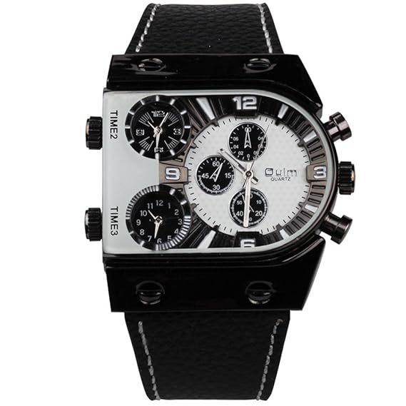 Oulm Mens Black Case White Dial Russia Military Army Multi Time Zones 3 Times Quartz Leather Sports Analog Watches