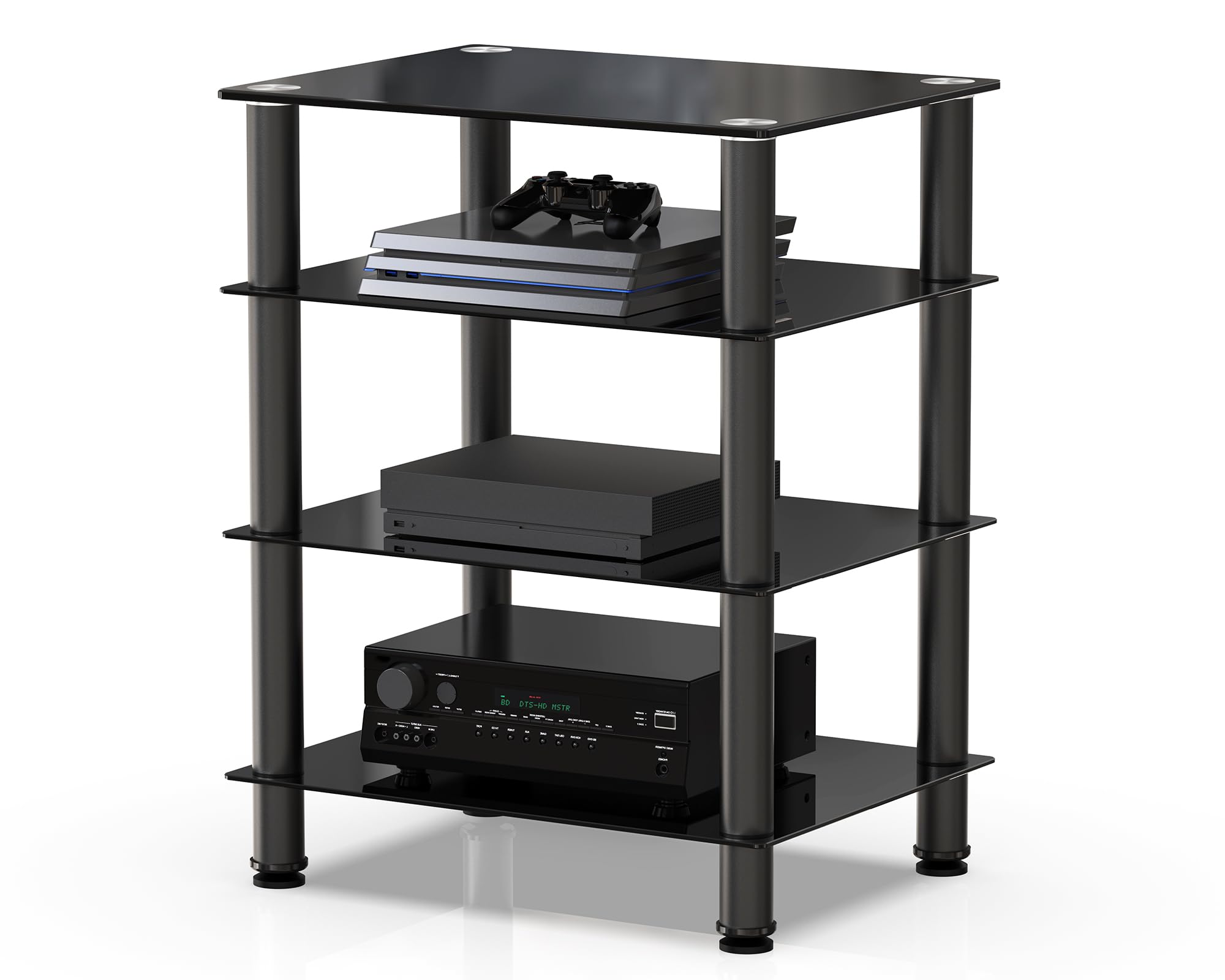 FITUEYES HiFi Rack AV Shelf 4-Tiers Glass TV Stand with Tempered Glass Media Storage Shelves Black
